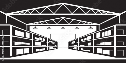 Industrial warehouse with shelves for goods – vector illustration