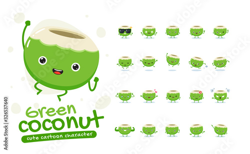 Mascot Set of the Green Coconut. Twenty Mascot poses. Isolated Vector Illustration