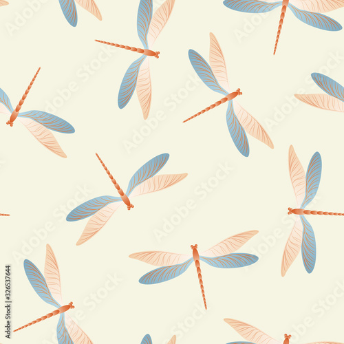Dragonfly simple seamless pattern. Repeating clothes textile print with damselfly insects. Graphic 