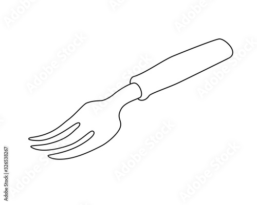 Garden tool - fork for dividing the bush. Garden landing fork - vector linear picture for coloring. Gardening in the spring. Outline.