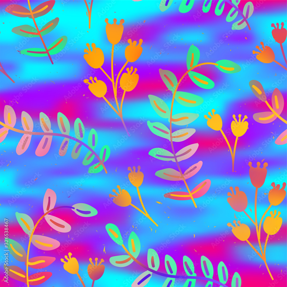 Vivid hyper bright over saturated tropical ethereal rainbow foliage design. Seamless repeat raster jpg pattern swatch for textile or surface design. Psychedelic neon gradient ombre colors.