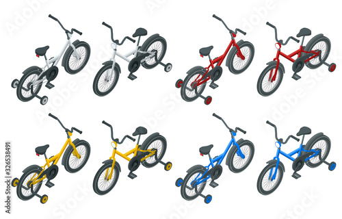 Isolated icon of isometric kid's bicycle on white background.