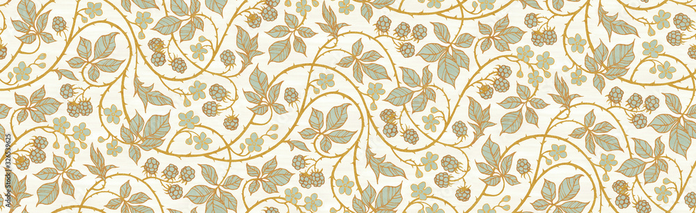Floral botanical blackberry vines seamless repeating wallpaper pattern- serene gold and pale turquoise version