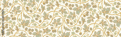 Floral botanical blackberry vines seamless repeating wallpaper pattern- serene gold and pale turquoise version