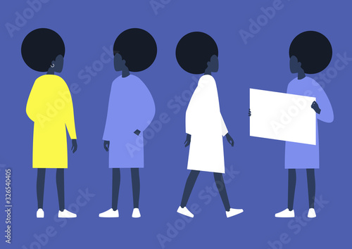 Young black female character design set, different poses - rear view, front view, walking and holding a poster
