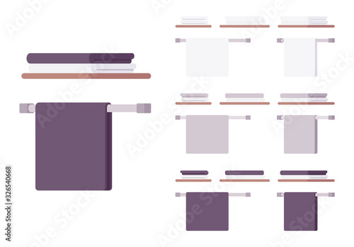 Towel rack dryer and shelf wall mounted set for bathroom. Sanitary or laundry room appliance, bar hanging, wet cloth warmer. Vector flat style cartoon illustration, different colors and view