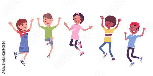 Happy joyful children jumping with joy. Cute kids having fun  diverse group of school friends enjoy free time together  entertainment or holiday activity. Vector flat style cartoon illustration