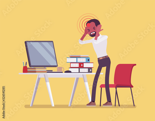 Headache and migraine attack on male office worker. Overworked, overwhelmed employee feeling tired with too much computer and paper work, fail to manage stress. Vector flat style cartoon illustration