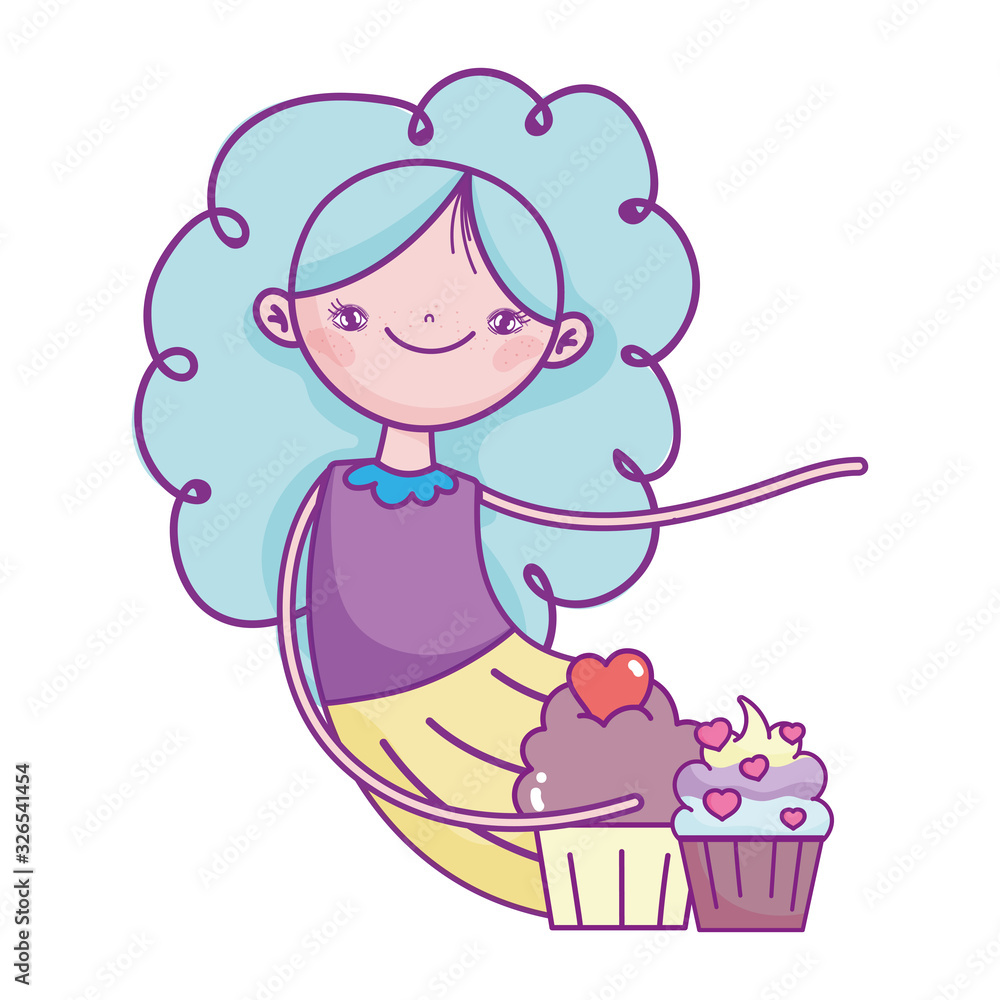 happy valentines day, young woman with sweet cupcakes with hearts