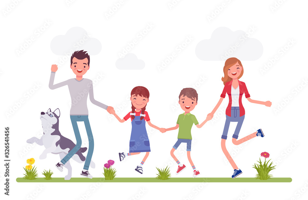 Happy family enjoying outdoor time with kids and a dog pet. Husband, wife, son, daughter positive team, traditional household, happiness and good relationships. Vector flat style cartoon illustration Happy family enjoying outdoor time with kids and a dog pet. Husband, wife, son, daughter positive team, traditional household, happiness and good relationships. Vector flat style cartoon illustration
