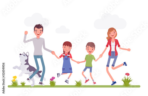 Happy family enjoying outdoor time with kids and a dog pet. Husband, wife, son, daughter positive team, traditional household, happiness and good relationships. Vector flat style cartoon illustration
