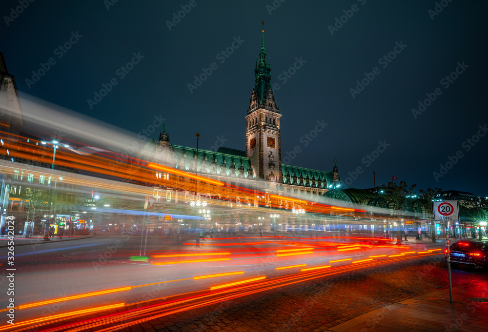 Hamburg City Hall building located in the Altstadt quarter in the city center at the Rathausmarkt square in a beautiful night longexposure
