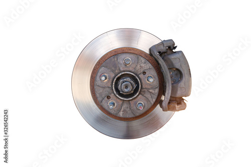 Car brake disk and caliper isolated on white background