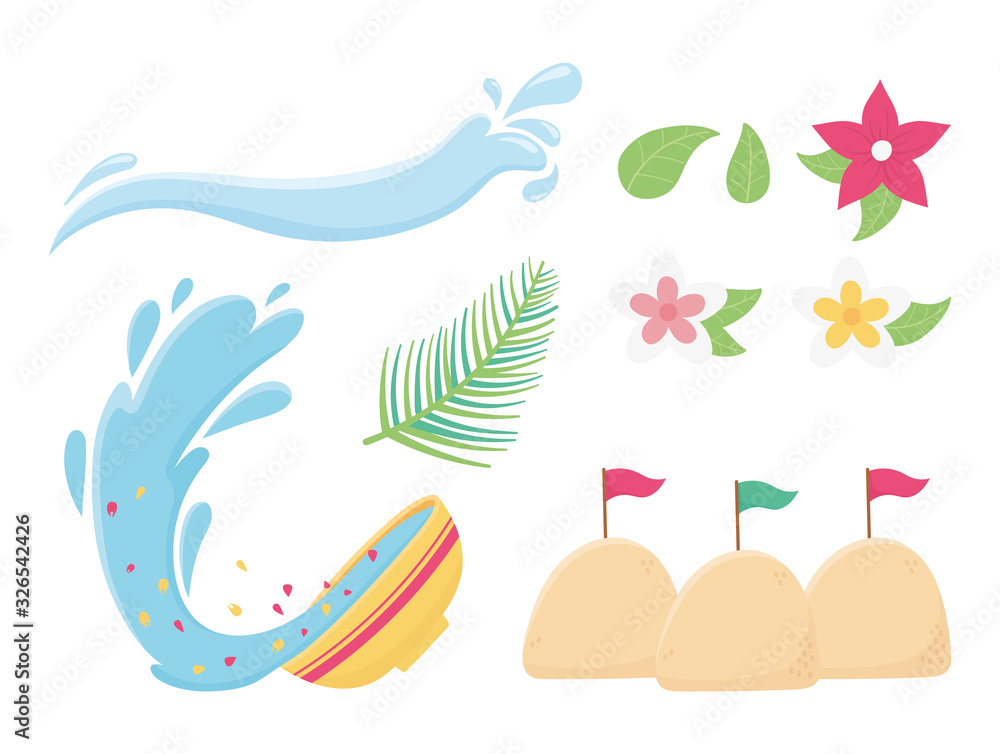 songkran festival splash water bowl flowers sand flags icons songkran festival splash water bowl flowers sand flags icons