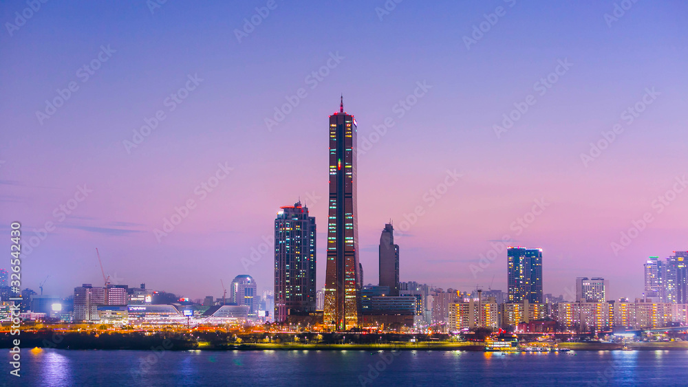 Seoul city at night and skyscraper, yeouido after sunset, south Korea.