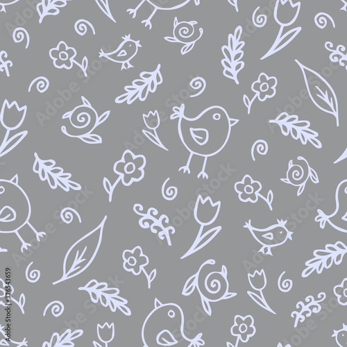 The pattern of small flowers and birds. The pattern of small flowers. Blue contour drawings on a grey background.