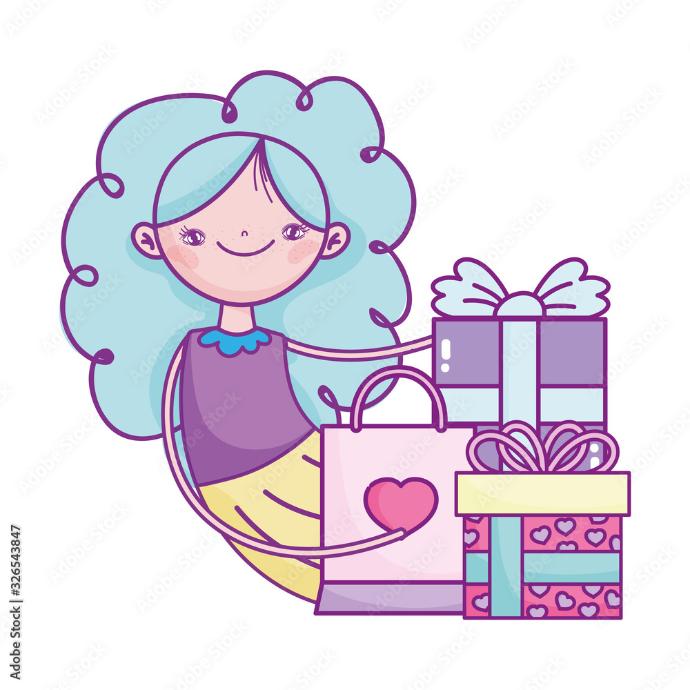 happy valentines day, girl with gifts and shopping bag celebration happy valentines day, girl with gifts and shopping bag celebration