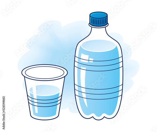 Clean spring water bottle with glass or plastic cup