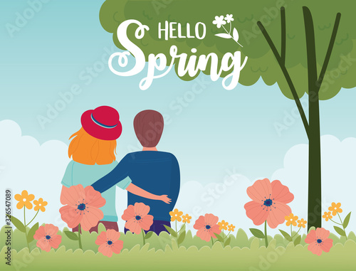 hello spring couple tree flowers grass natural season