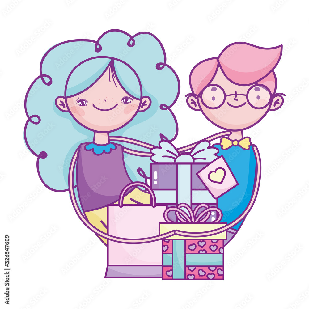 happy valentines day, cute couple with gifts hearts love celebration happy valentines day, cute couple with gifts hearts love celebration