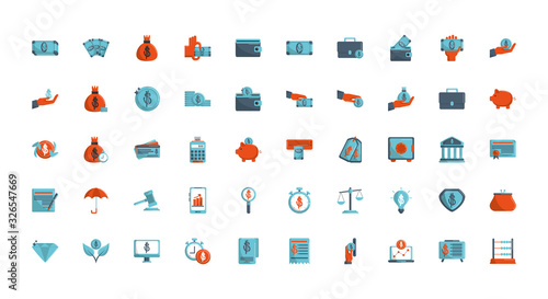 money business financial trade commerce icons set color tone and fill
