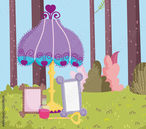 lamp mirror elixir bottle foliage trees forest