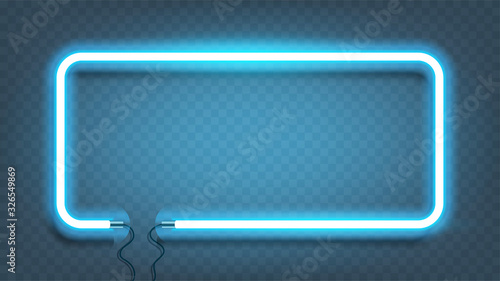 Neon rectangle lamp wall sign isolated on transparent background. Vector blue power glowing bulb banner, light line or neon frame for your design. Vector Illustration.