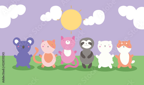 cute little animals in the field kawaii characters © Gstudio