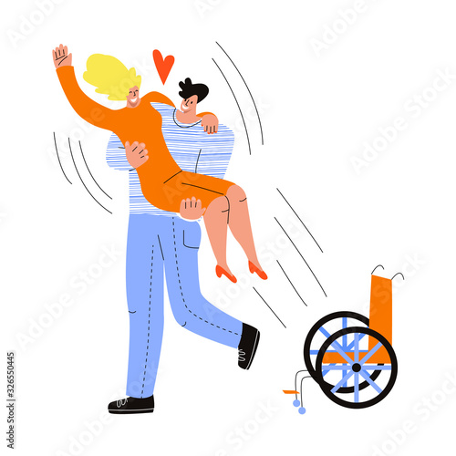 Vector flat illustration with couple where there is partner, disabled woman. They are happy, man holds beloved in his arms, hands. Concept love for people with disabilities, without prejudice, family.