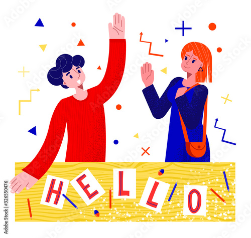 Vector flat illustration young man and woman greeting each other for their further creative work together. There is lettering with word Hello on sheets of paper. Used  texture of clothes.