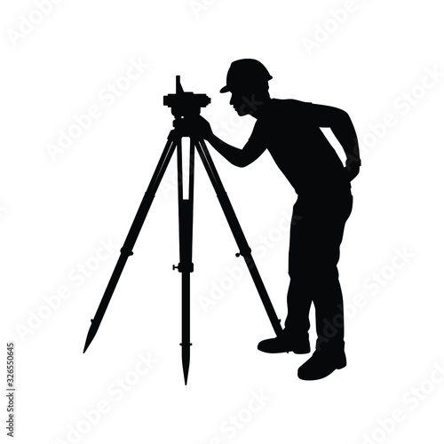 Engineer with theodolite silhouette vector. Industrial technology concept.
