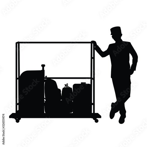 Male hotel employee and cart silhouette vector, people