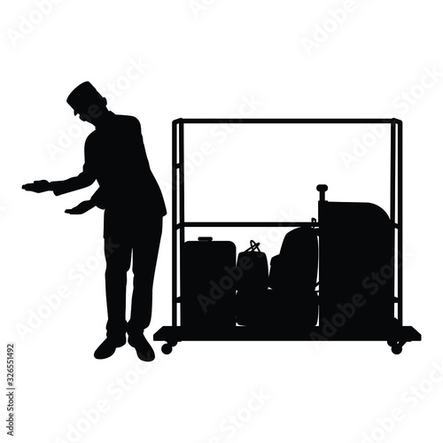 Male hotel employee and cart silhouette vector, people