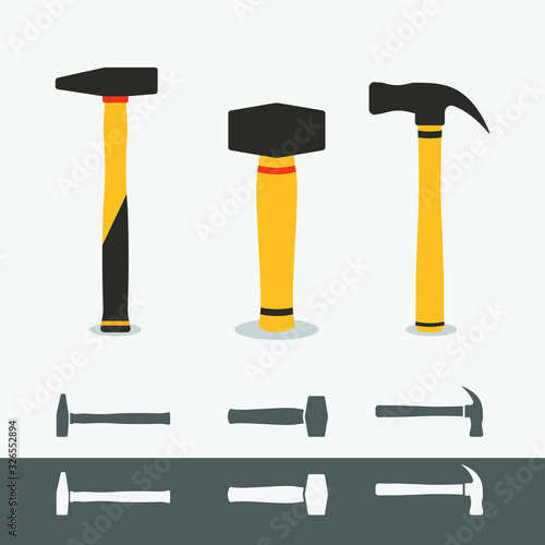 3 different hummer icons isolated. Flat hammer symbol.Claw Hammer, Club Hammer,Cross-peen hammer.