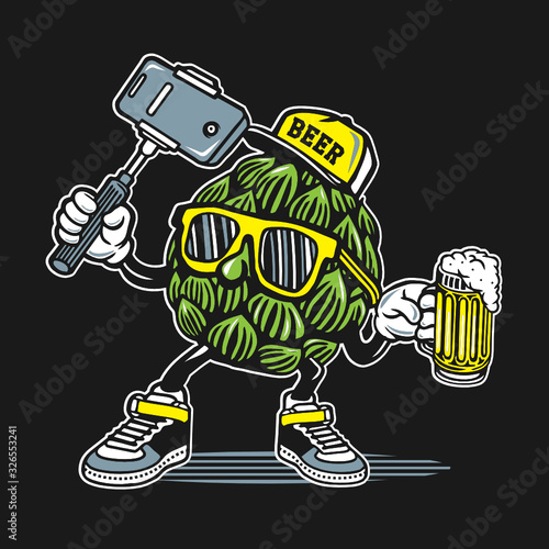 Selfie Hops Holding Glass of Beer Character Design