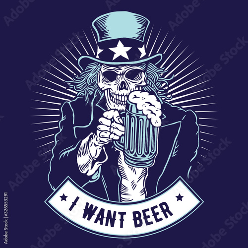 Uncle Sam Skull Holding Glass of Beer