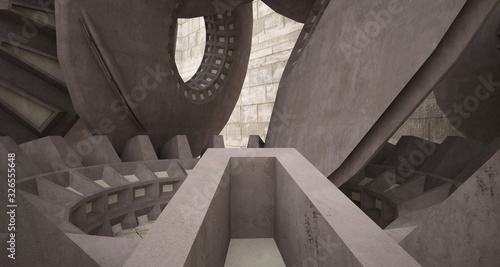 Abstract architectural concrete interior with discs. 3D illustration and rendering.
