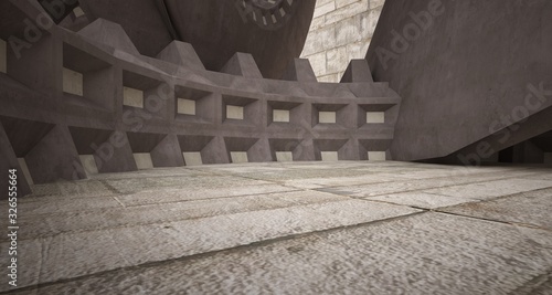 Abstract architectural concrete interior with discs. 3D illustration and rendering.