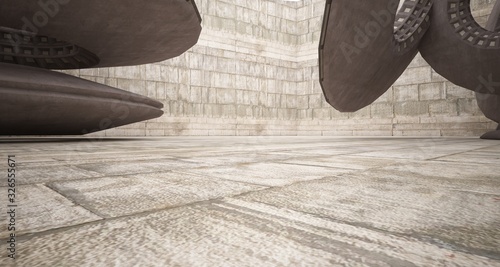 Abstract architectural concrete interior with discs. 3D illustration and rendering.