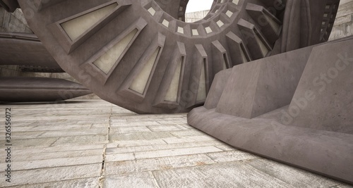 Abstract architectural concrete interior with discs. 3D illustration and rendering.