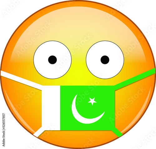 Yellow scared emoji in Pakistani medical mask protecting from SARS, coronavirus, bird flu and other viruses, germs and bacteria and contagious disease as well as toxic smog and pollution in Pakistan.
