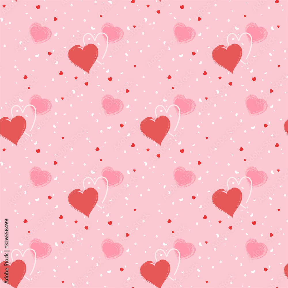 Vector seamless pattern with watercolor hearts on a pink background.