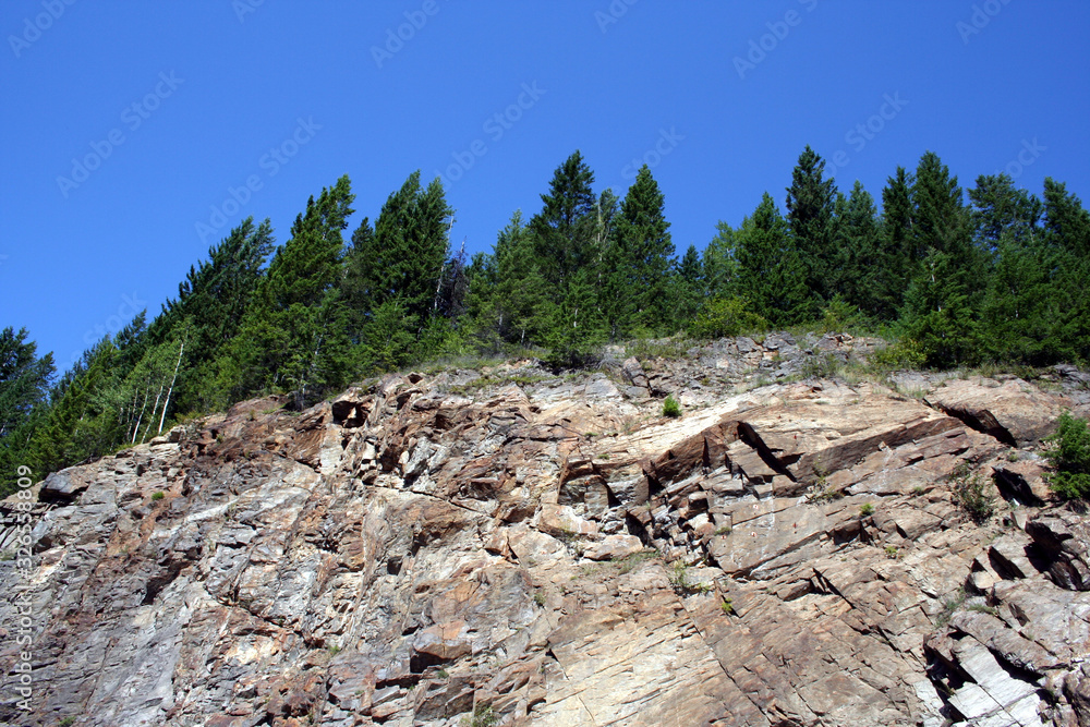 rocky mountain cliff with trees