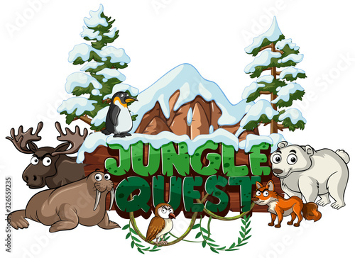 Font design for word jungle quest with wild animals in background