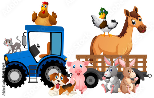 Many farm animals riding tractor on white background
