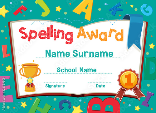 Certificate template for spelling award with alphabets in background