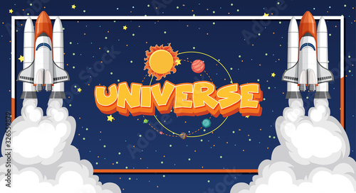 Poster design with two spaceships flying in the space background