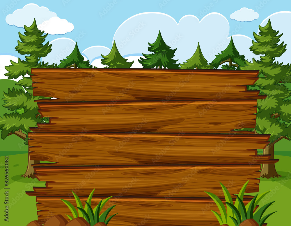 Wooden sign template with many pine trees in the park Wooden sign template with many pine trees in the park