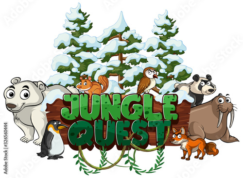 Font design for word jungle quest with animals in winter