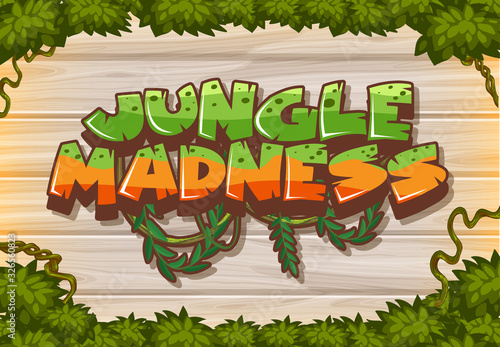 Font design for word jungle madness on wooden board